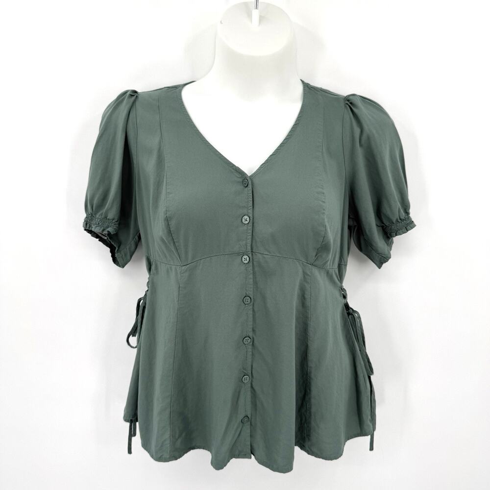 Torrid Puff Sleeve Babydoll Side-Tie Waist Top SZ M/L Cottage Milkmaid Green